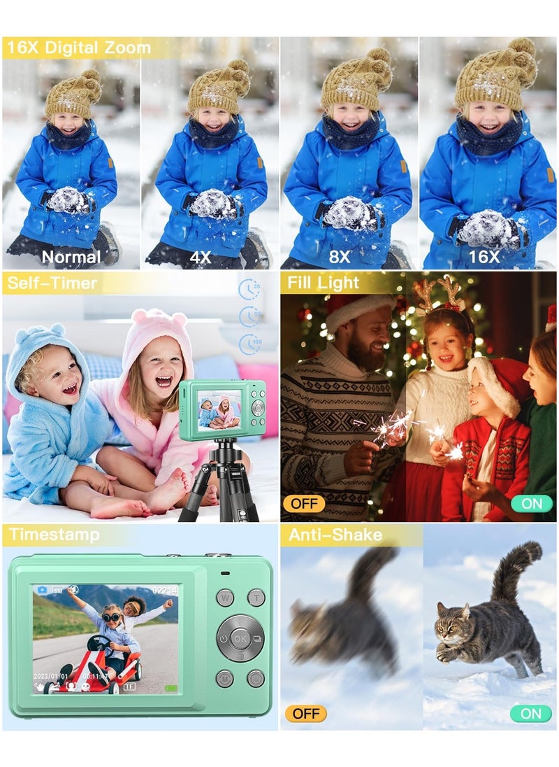 Digital Camera, FHD 1080P Kids Camera 44MP Point and Shoot Digital Camera with 32GB SD Card, 16x Zoom, Lanyard, Small Compact Camera for Kids Boys Girls