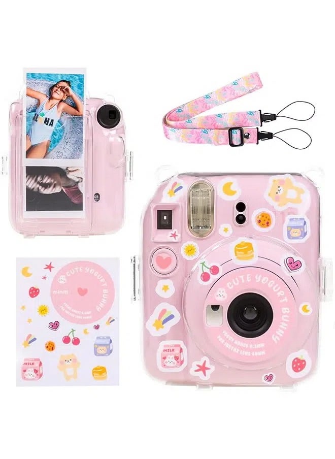 3 Pack Clear Camera Case Compatible with Fujifilm Instax Mini 12 Instant Camera - Mini 12 Hard Case with Photo Pocket Holds on Back and Adjustable Shoulder Strap  Cute Camera Sticker (Pink)