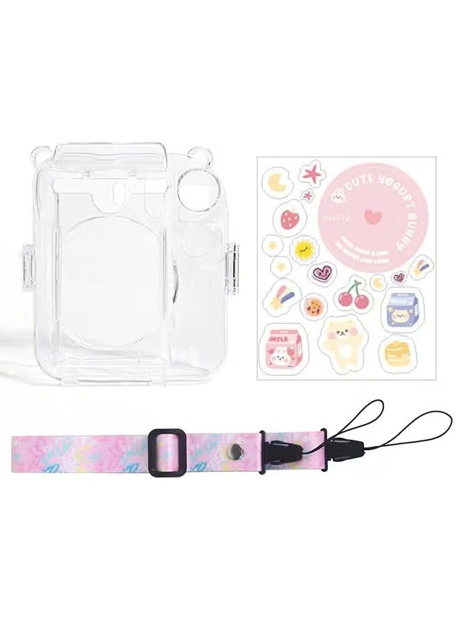 3 Pack Clear Camera Case Compatible with Fujifilm Instax Mini 12 Instant Camera - Mini 12 Hard Case with Photo Pocket Holds on Back and Adjustable Shoulder Strap  Cute Camera Sticker (Pink)