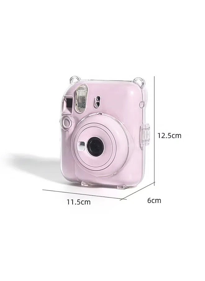 3 Pack Clear Camera Case Compatible with Fujifilm Instax Mini 12 Instant Camera - Mini 12 Hard Case with Photo Pocket Holds on Back and Adjustable Shoulder Strap  Cute Camera Sticker (Pink)