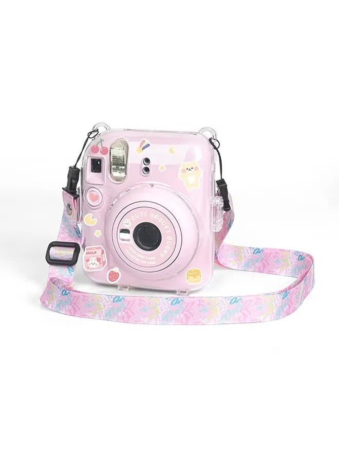 3 Pack Clear Camera Case Compatible with Fujifilm Instax Mini 12 Instant Camera - Mini 12 Hard Case with Photo Pocket Holds on Back and Adjustable Shoulder Strap  Cute Camera Sticker (Pink)
