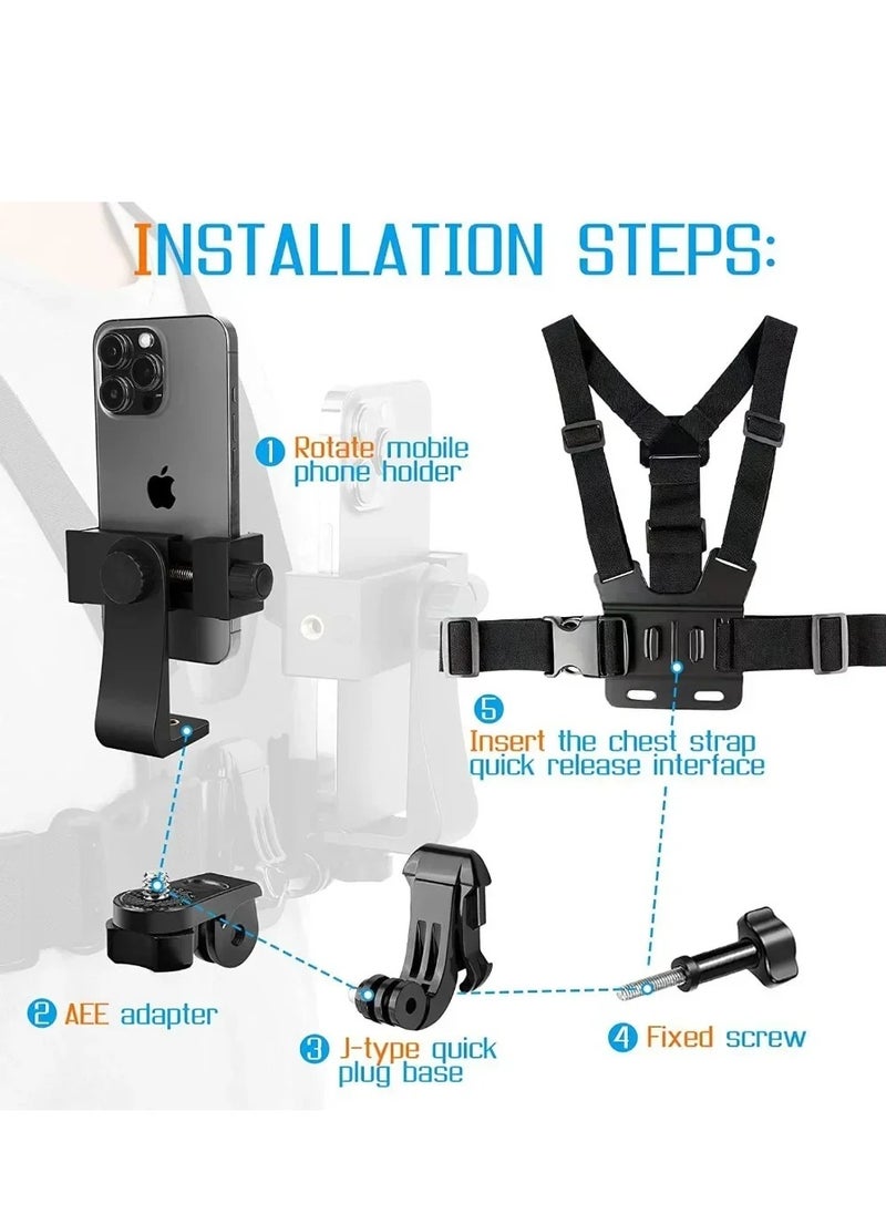 Camera Chest Mount Strap Harness Fit for AKASO DJI Osmo Adjustable Cell Phone with Sports Installation Bracket kit Mobile Bracket Backpack Clip Holder