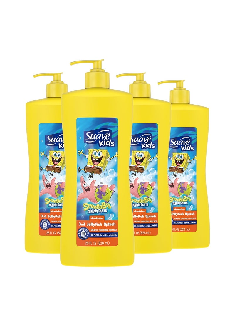 Suave Kids 3in1 Spongebob Tear Free Body Wash Shampoo and Conditioners Dermatologist Tested 28 Oz Pack of 4