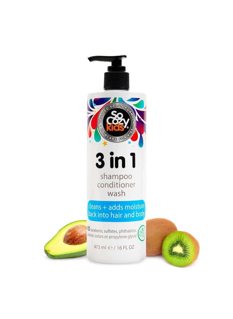 SoCozy 3 in 1 Kids Shampoo  Conditioner  Body Wash 16 Fl Oz Gentle Hydrating Hair  Body Cleanser with Keratin Vitamin B5  Kiwi Extract Paraben  SulfateFree