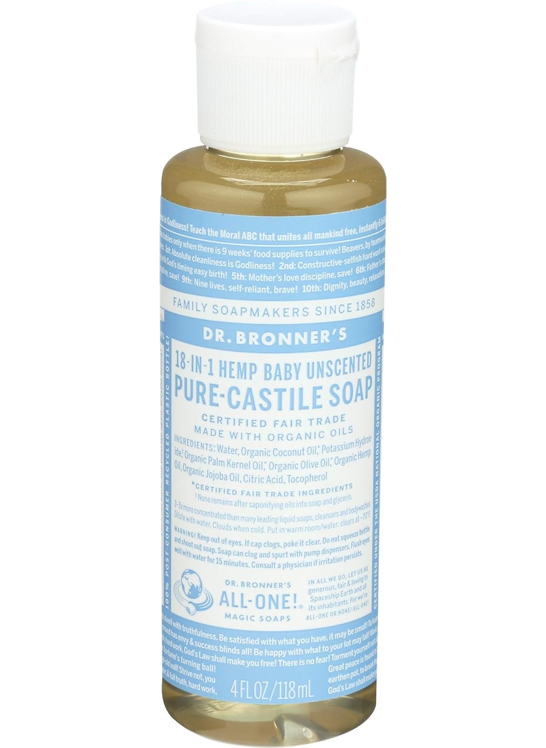Dr Bronners Magic Soaps Pure Castile Soap 18In1 Hemp Unscented Baby Mild 4 Fluid Ounces 118 ml
