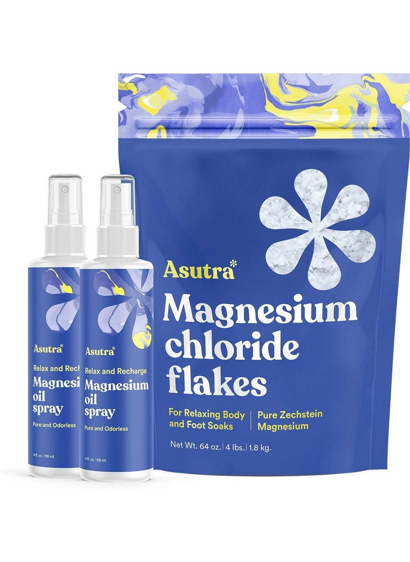 ASUTRA Topical Magnesium Bundle 4 fl oz Magnesium Oil Spray Pack of 2 4 lb Bag of Magnesium Chloride Bath Flakes Rapid Absorption Pure and Odorless Magnesium Derived from Zechstein Seabed