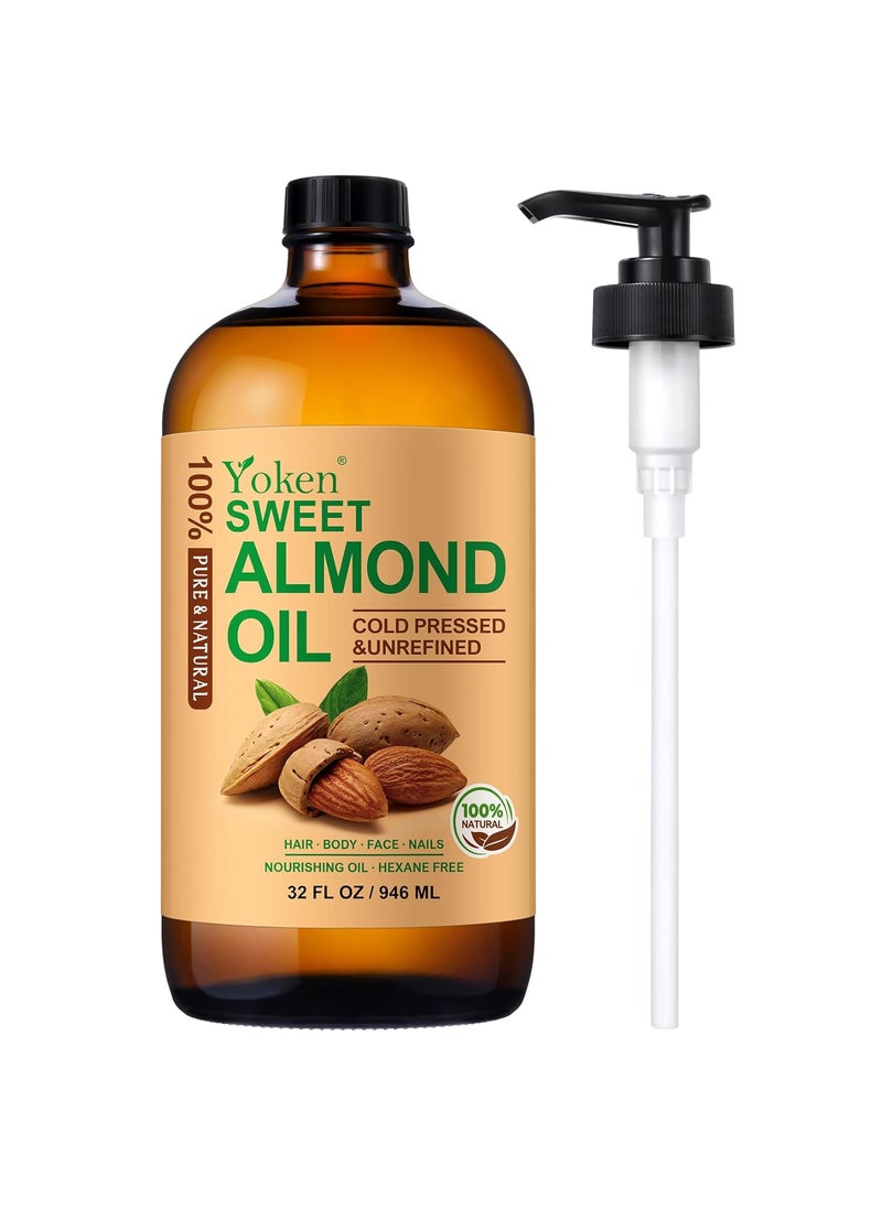 Yoken Sweet Almond Oil 32 fl oz 100 Pure Cold Pressed Glass Bottle Sweet Almond Oil for Skin Hair Almond Oil for Hair Moisturier Smooth and Soft Skin Carrier Oil for DIY Massage