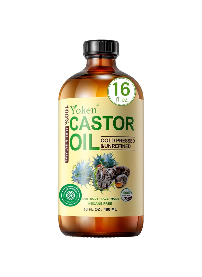 Yoken EWG Verified Castor Oil Glass Bottle 16 fl oz 100 Pure Natural Cold Pressed Castor Oil for Face Body Hair Eyelash Skin  Hexane Free Unrefined Virgin Rich Fatty Acid for Caster Pack Wrap