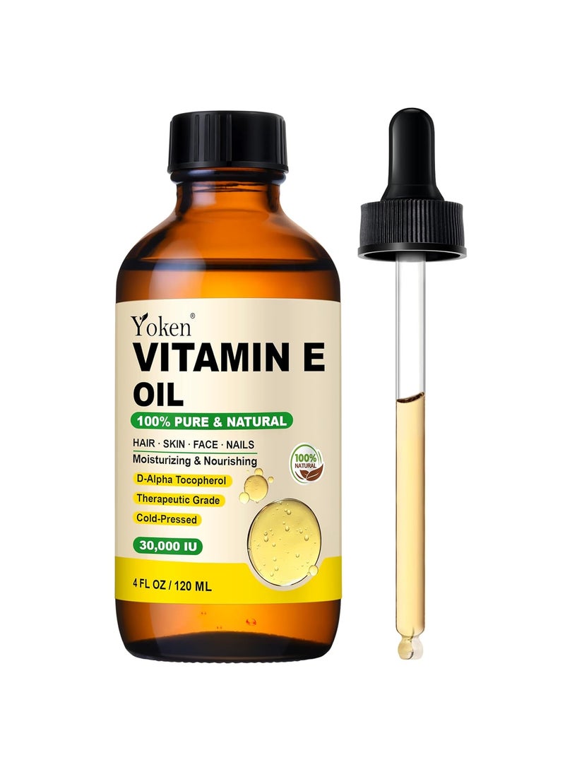 Yoken Vitamin E Oil 4 Fl Oz Organic Vitamin E oil for Skin 30000 IU Vitamin E oil for Scars Hair Face Nail Scalp Perfect Bath and Body Oil Cold Pressed Hexane Free NonGMO Gluten Free Formula