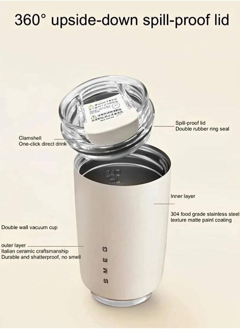 SMEG 350ML Milk White Beverage Cup Travel Portable Drinking Cup Stainless Steel Vacuum Leak proof Coffee Thermos