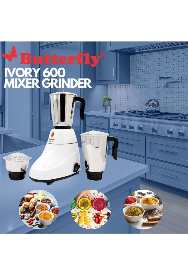 3 IN 1 Indian Mixer Grinder Juicer - Ivory, 600W Powerful Motor with Stainless Steel Jars and Blades, 3 Jars with 3 Speed Control Unbreakable Polycarbonate Jar Caps