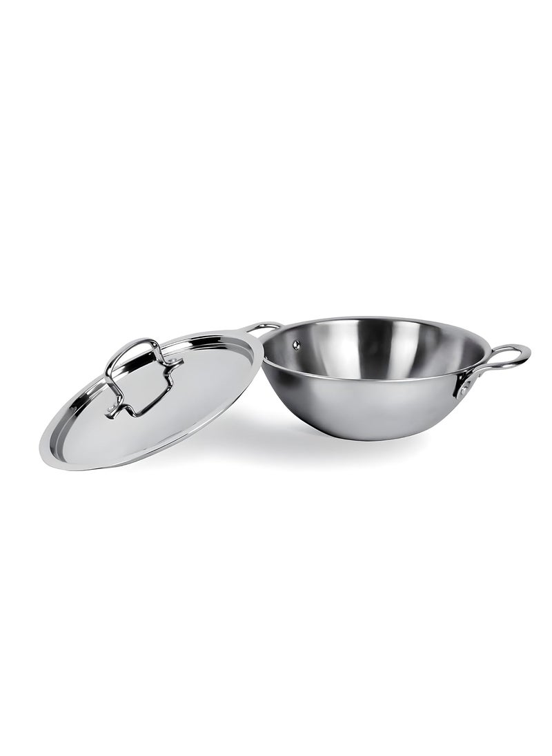 Homestic 3.6L Stainless Steel Triply Frying Pan | Kadai for Cooking with Handle & Lid | Deep Fry Cookware Wok for Kitchen | Gas & Induction Base Cooking Chinese Karahi | Silver