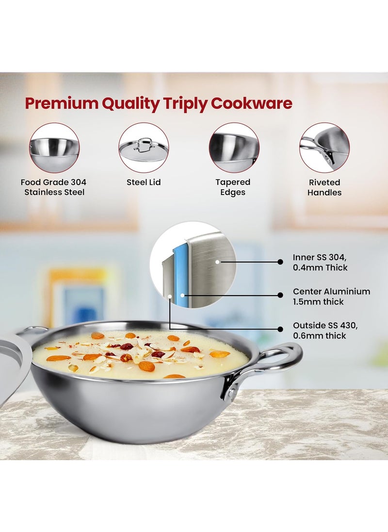 Homestic 3.6L Stainless Steel Triply Frying Pan | Kadai for Cooking with Handle & Lid | Deep Fry Cookware Wok for Kitchen | Gas & Induction Base Cooking Chinese Karahi | Silver