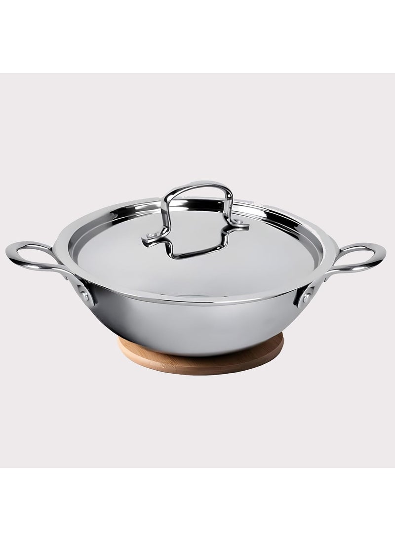 Homestic 3.6L Stainless Steel Triply Frying Pan | Kadai for Cooking with Handle & Lid | Deep Fry Cookware Wok for Kitchen | Gas & Induction Base Cooking Chinese Karahi | Silver