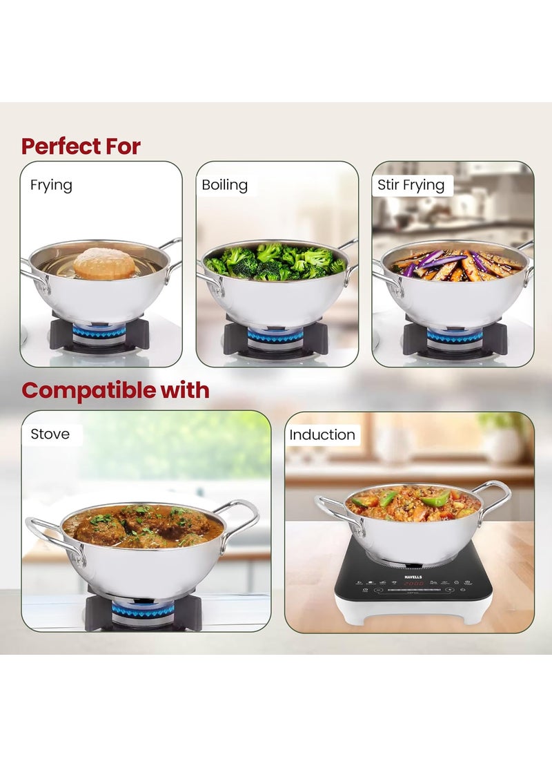 Homestic 3.6L Stainless Steel Triply Frying Pan | Kadai for Cooking with Handle & Lid | Deep Fry Cookware Wok for Kitchen | Gas & Induction Base Cooking Chinese Karahi | Silver