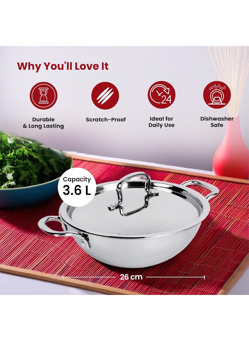 Homestic 3.6L Stainless Steel Triply Frying Pan | Kadai for Cooking with Handle & Lid | Deep Fry Cookware Wok for Kitchen | Gas & Induction Base Cooking Chinese Karahi | Silver