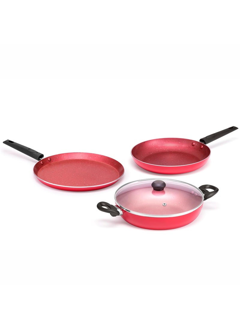 Butterfly Coral DLX KCP 3 Non Stick Cookware Set | Tawa 250MM, Fry Pan 240MM, Kadai 240MM | Gas Stove Compatible| Premium Virgin Aluminum | PFOA Free | Scratch Resistant | Velvet Red