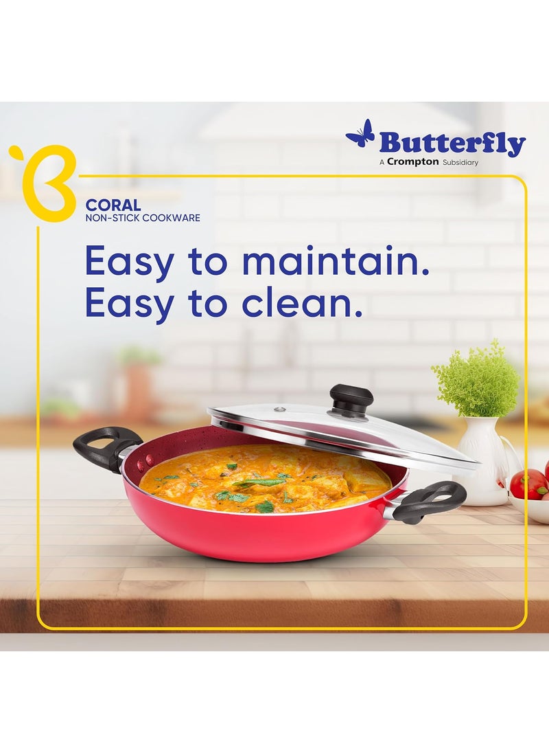 Butterfly Coral DLX KCP 3 Non Stick Cookware Set | Tawa 250MM, Fry Pan 240MM, Kadai 240MM | Gas Stove Compatible| Premium Virgin Aluminum | PFOA Free | Scratch Resistant | Velvet Red