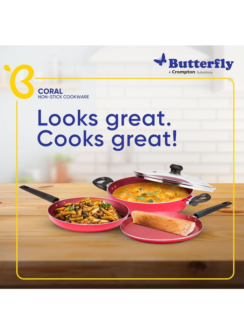 Butterfly Coral DLX KCP 3 Non Stick Cookware Set | Tawa 250MM, Fry Pan 240MM, Kadai 240MM | Gas Stove Compatible| Premium Virgin Aluminum | PFOA Free | Scratch Resistant | Velvet Red