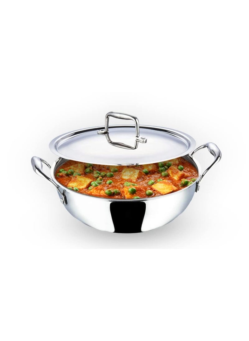 Kuber Industries XtraDeluxe Deep Frying 2.2 Liters Triply Stainless Steel Kadai for Cooking with Lid | Induction Compatible Kadhai/Cookware for Kitchen | Has Cold-Touch Handles | SS - Silver
