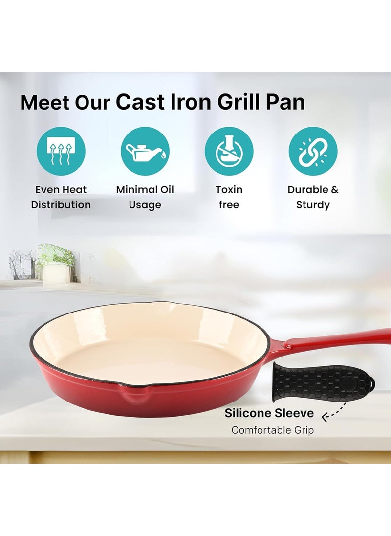Homestic 25x25x1 cm Non-Stick Cast Iron Frying Pan with Handle | Induction Pan for Omelettes & Fish Cooking & Tadka | Compatiable for GasStove & Industion Base | Red & White
