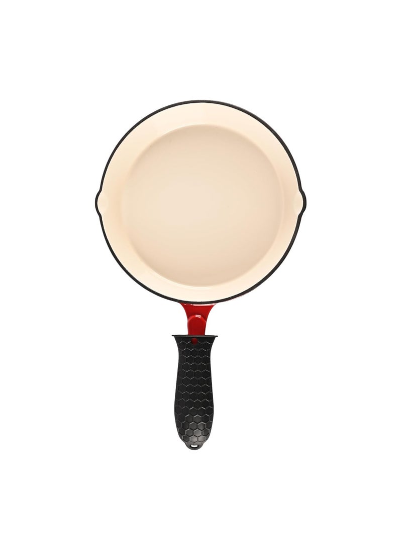 Homestic 25x25x1 cm Non-Stick Cast Iron Frying Pan with Handle | Induction Pan for Omelettes & Fish Cooking & Tadka | Compatiable for GasStove & Industion Base | Red & White