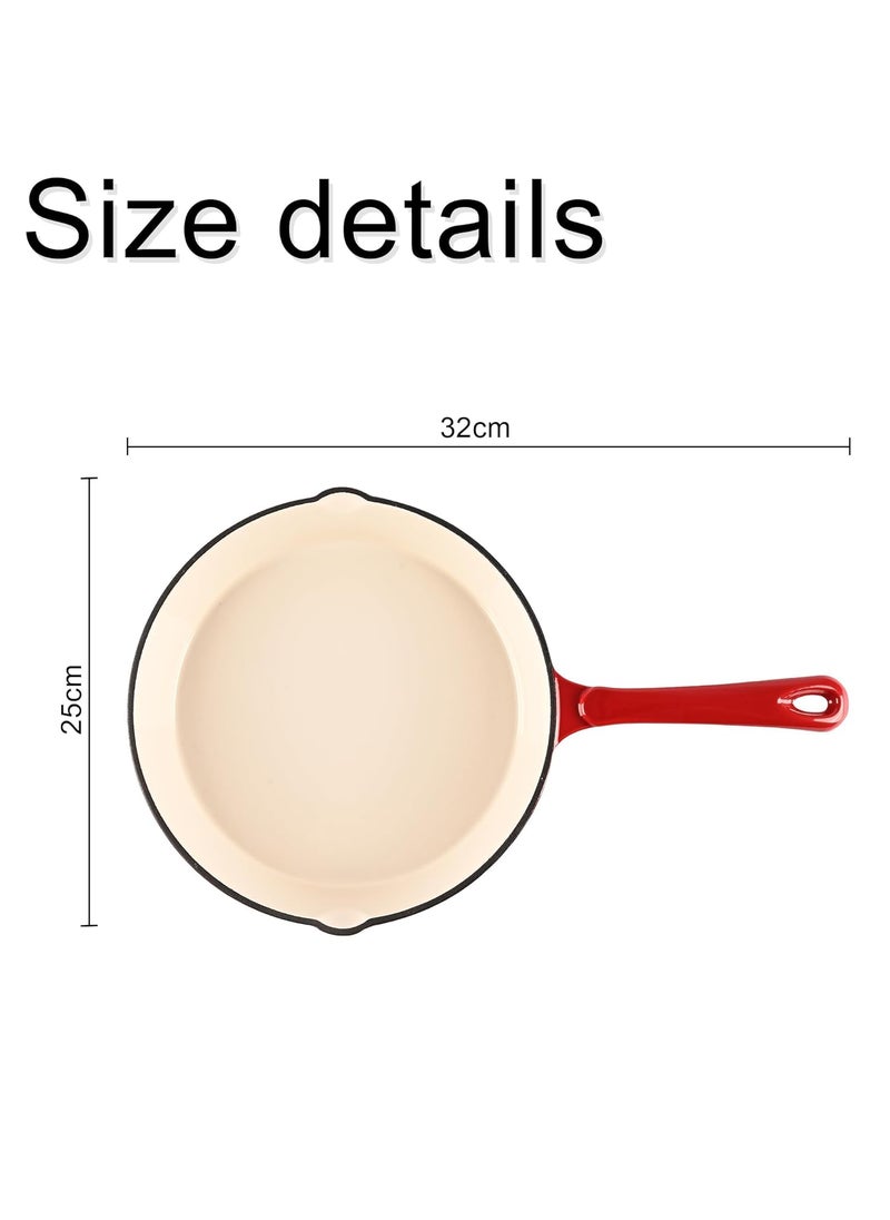 Homestic 25x25x1 cm Non-Stick Cast Iron Frying Pan with Handle | Induction Pan for Omelettes & Fish Cooking & Tadka | Compatiable for GasStove & Industion Base | Red & White