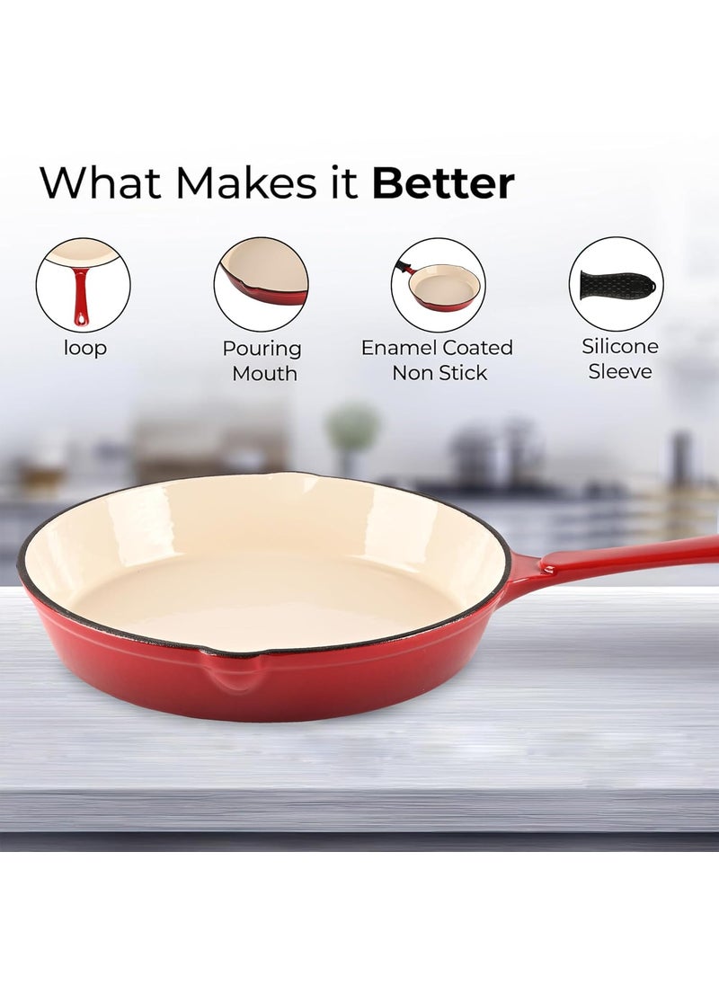 Homestic 25x25x1 cm Non-Stick Cast Iron Frying Pan with Handle | Induction Pan for Omelettes & Fish Cooking & Tadka | Compatiable for GasStove & Industion Base | Red & White