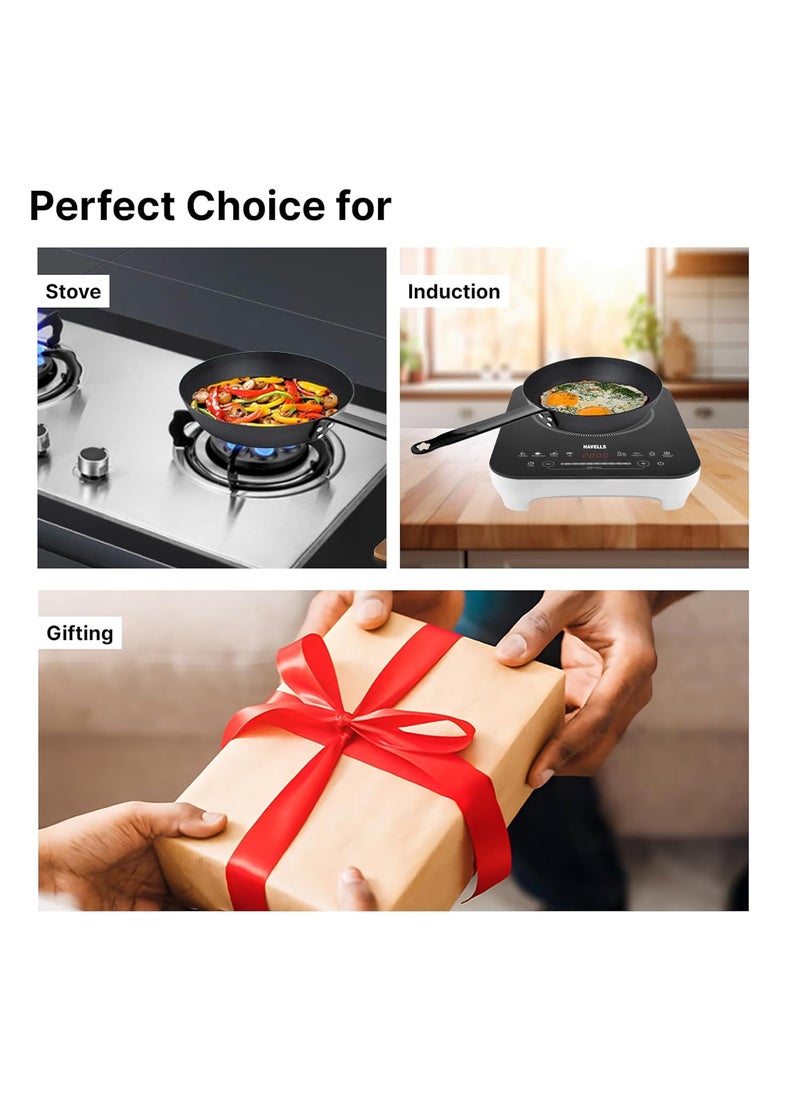 Kuber Industries Non-Stick Carbon Steel Frying Pan with Handle | Lightweight Pan for Omelettes & Fish Cooking & Tadka | Scratch Resistent, Gas & Induction Compatible | Black-KSG002-BLK