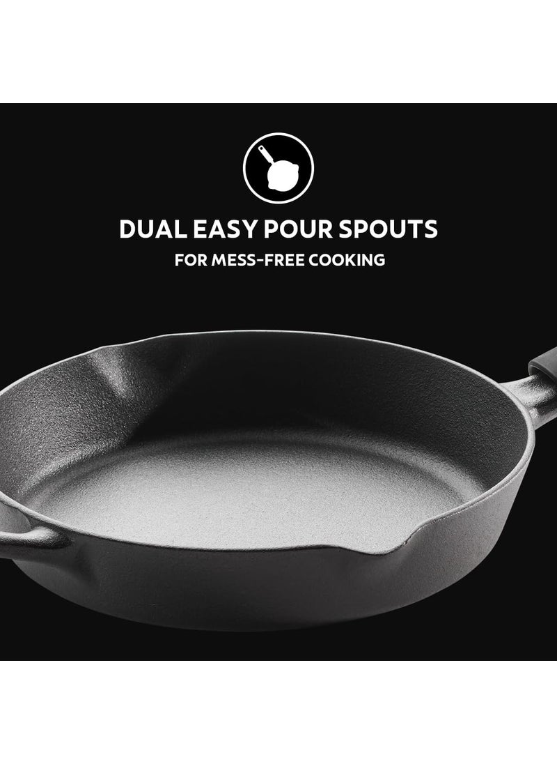 TRAMONTINA Titanex 24 cm Pre-Seasoned Cast Iron Fry Pan, Non-Toxic, Induction Ready, Easy Hold Non-Slip Heat-Resistant Grip, Natural Stone Finish, Superior Heat Retention, Spill-Free Side Spouts