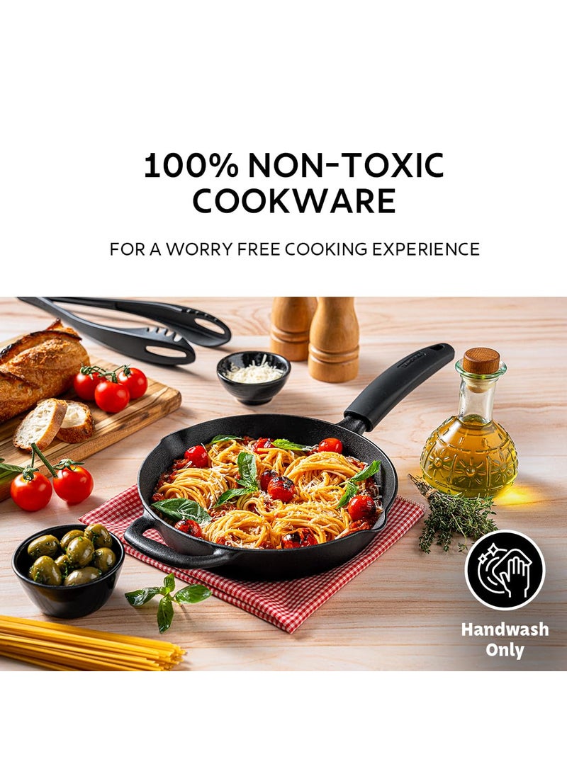 TRAMONTINA Titanex 24 cm Pre-Seasoned Cast Iron Fry Pan, Non-Toxic, Induction Ready, Easy Hold Non-Slip Heat-Resistant Grip, Natural Stone Finish, Superior Heat Retention, Spill-Free Side Spouts