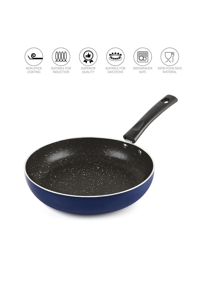 CELLO Regal Non Stick Blue Fry Pan with Spatter - 22cm | Cookware with Non Stick Coating | Gas Top and Induction Compatible