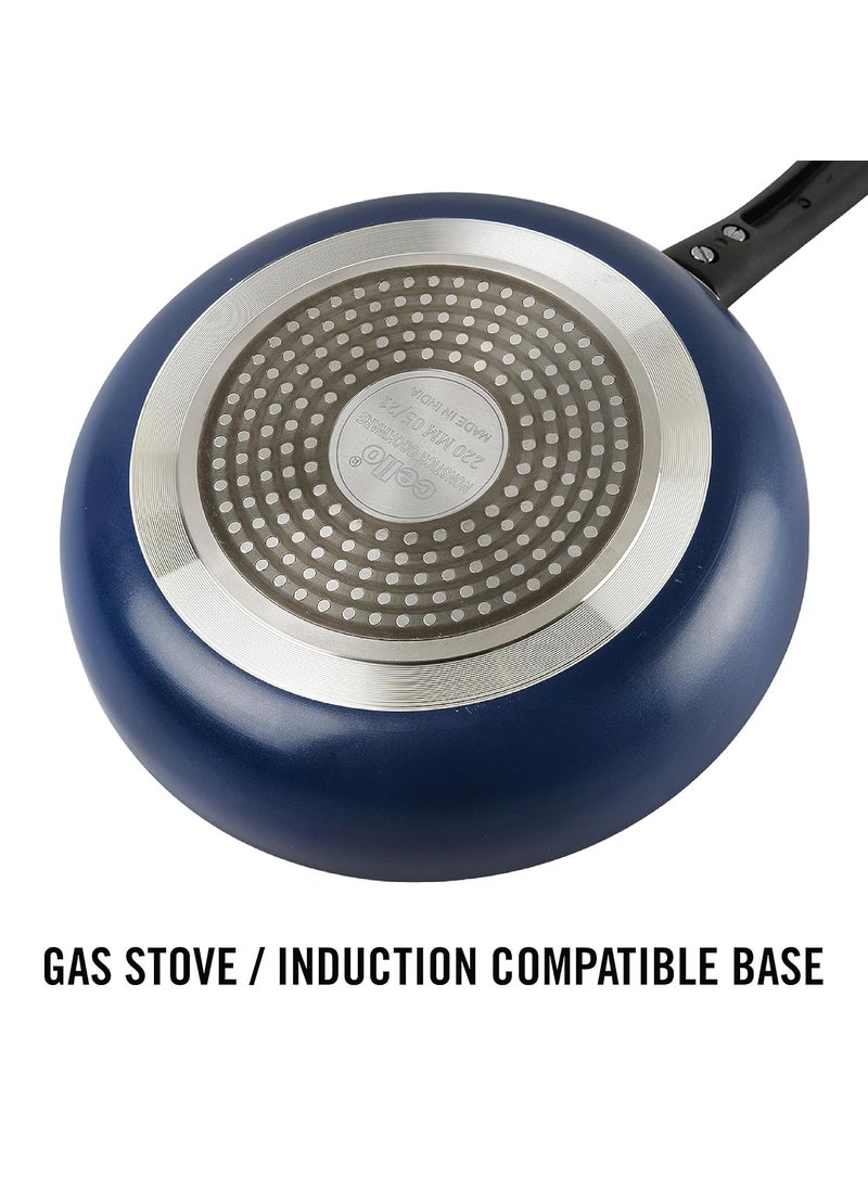 CELLO Regal Non Stick Blue Fry Pan with Spatter - 22cm | Cookware with Non Stick Coating | Gas Top and Induction Compatible