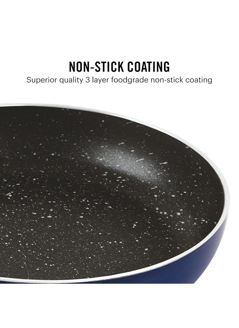 CELLO Regal Non Stick Blue Fry Pan with Spatter - 22cm | Cookware with Non Stick Coating | Gas Top and Induction Compatible