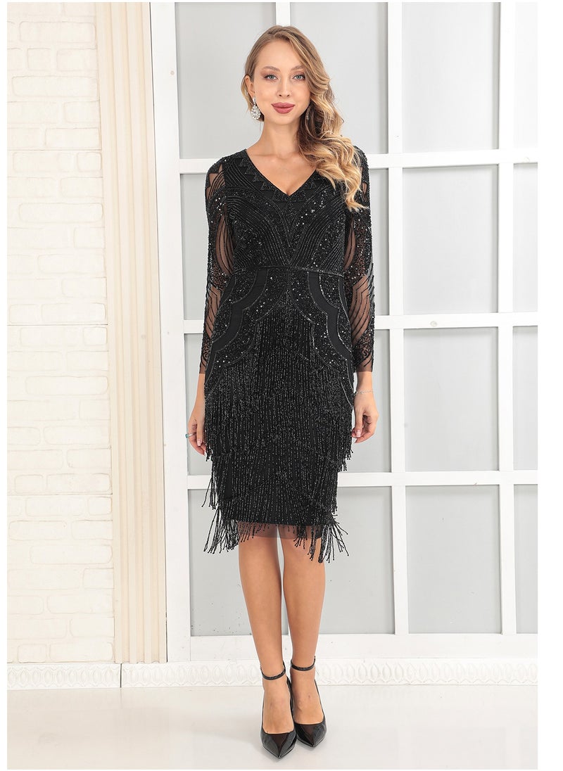 Black Beaded Fringe Midi Dress - Long Sleeve Evening Party Gown
