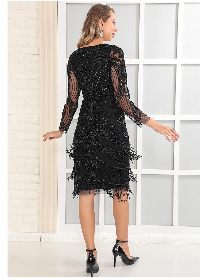 Black Beaded Fringe Midi Dress - Long Sleeve Evening Party Gown