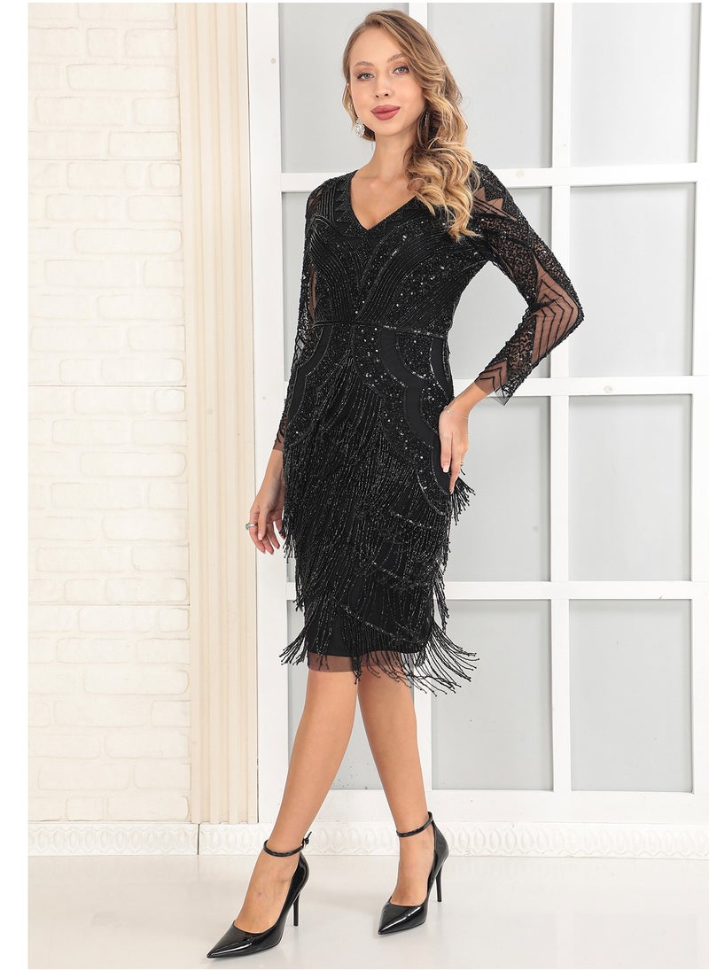 Black Beaded Fringe Midi Dress - Long Sleeve Evening Party Gown