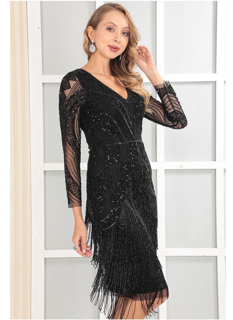 Black Beaded Fringe Midi Dress - Long Sleeve Evening Party Gown