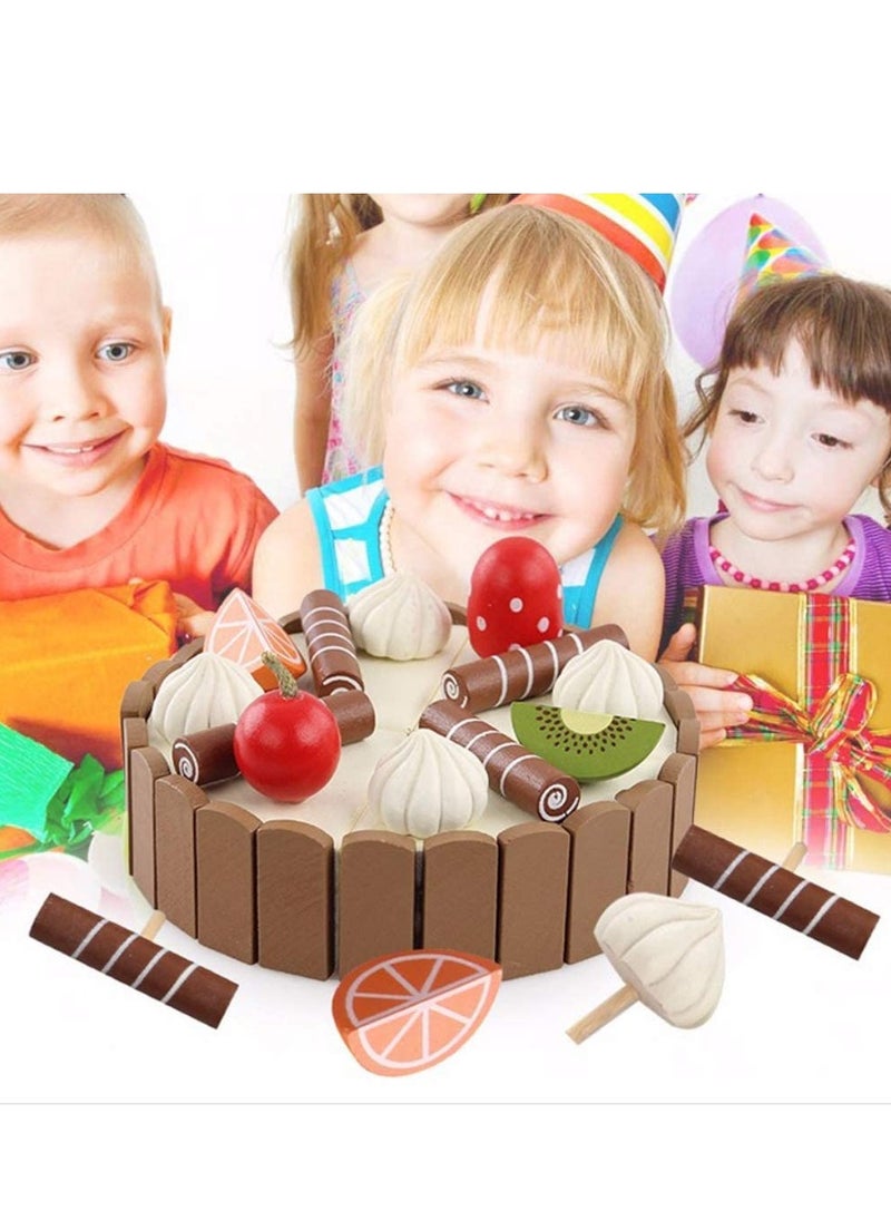 Wooden Birthday Cake Toy   Kids Magnetic Dessert Toy with Cutting Knife, Fruit Toppings, Chocolate and Vanilla Swirls Fun Kitchen Pretend Play Food Party, Cooking Cutter Set, Educational Gift