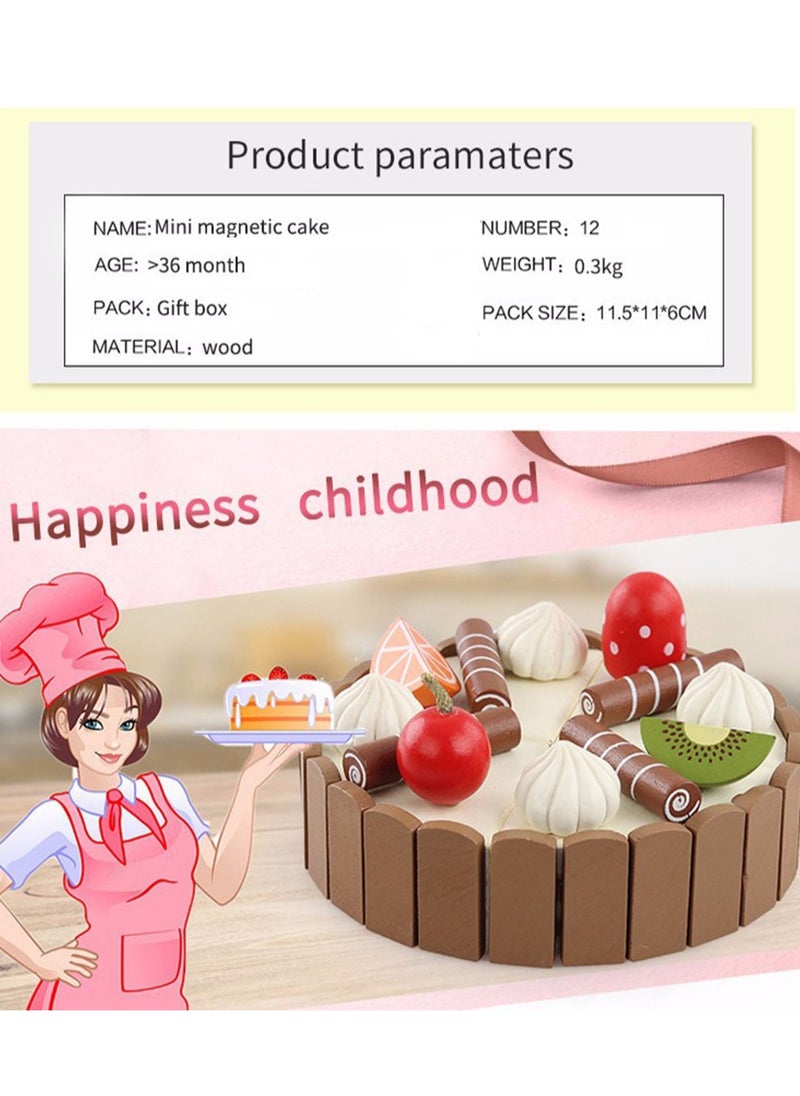Wooden Birthday Cake Toy   Kids Magnetic Dessert Toy with Cutting Knife, Fruit Toppings, Chocolate and Vanilla Swirls Fun Kitchen Pretend Play Food Party, Cooking Cutter Set, Educational Gift