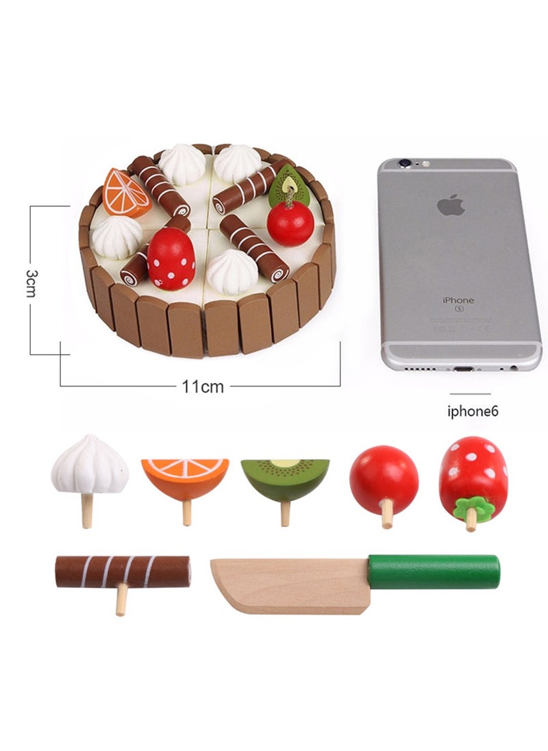 Wooden Birthday Cake Toy   Kids Magnetic Dessert Toy with Cutting Knife, Fruit Toppings, Chocolate and Vanilla Swirls Fun Kitchen Pretend Play Food Party, Cooking Cutter Set, Educational Gift
