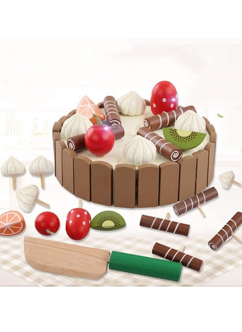 Wooden Birthday Cake Toy   Kids Magnetic Dessert Toy with Cutting Knife, Fruit Toppings, Chocolate and Vanilla Swirls Fun Kitchen Pretend Play Food Party, Cooking Cutter Set, Educational Gift
