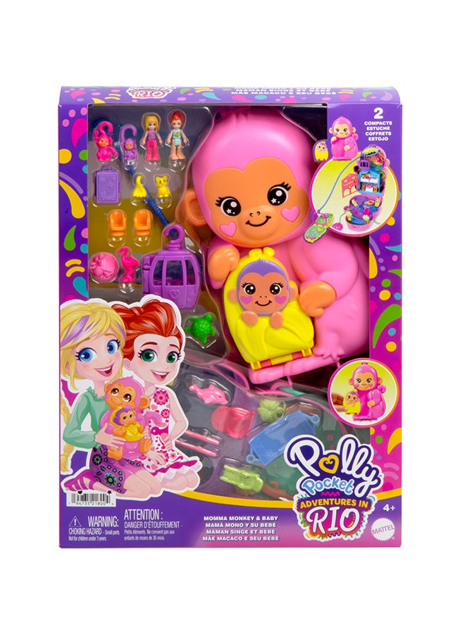 Dolls & Playset with Pets & 13 Accessories, 2-in-1 Momma Monkey & Baby Wearable Purse & Animal Toy