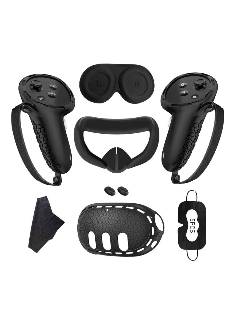 Protective Cover for Meta Quest 3 Accessories Silicone Controllers Grip Cover Protector Soft Shell Skin with Face Cover and Lens Cover 7pcs (Black)