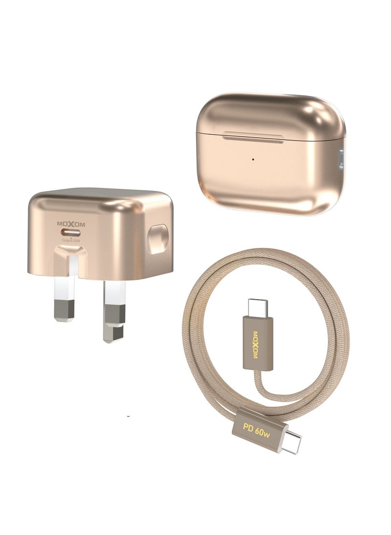 MX-DT888 wireless earbuds [3-IN-1], In-Ear 5.3 Bluetooth Earbuds Touch Control 30 Playtime, Light-Weight Earphones with charger and cable, Noise Cancelling Earbuds [DESERT GOLD]