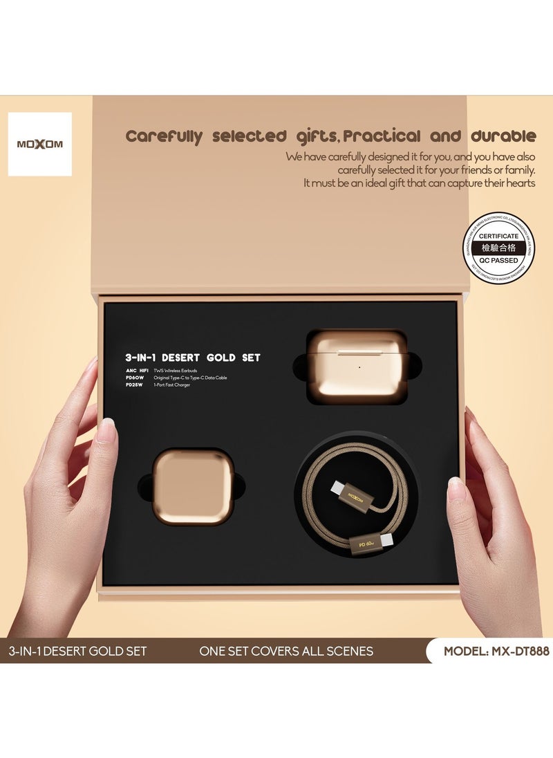 MX-DT888 wireless earbuds [3-IN-1], In-Ear 5.3 Bluetooth Earbuds Touch Control 30 Playtime, Light-Weight Earphones with charger and cable, Noise Cancelling Earbuds [DESERT GOLD]