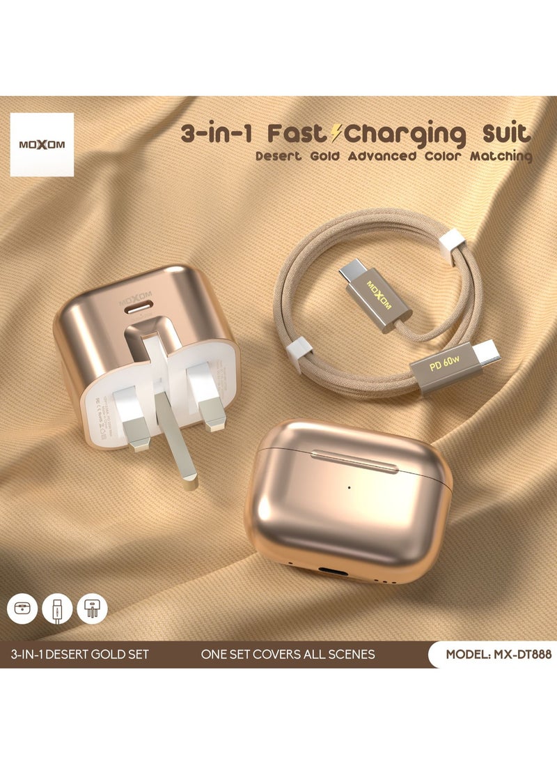 MX-DT888 wireless earbuds [3-IN-1], In-Ear 5.3 Bluetooth Earbuds Touch Control 30 Playtime, Light-Weight Earphones with charger and cable, Noise Cancelling Earbuds [DESERT GOLD]