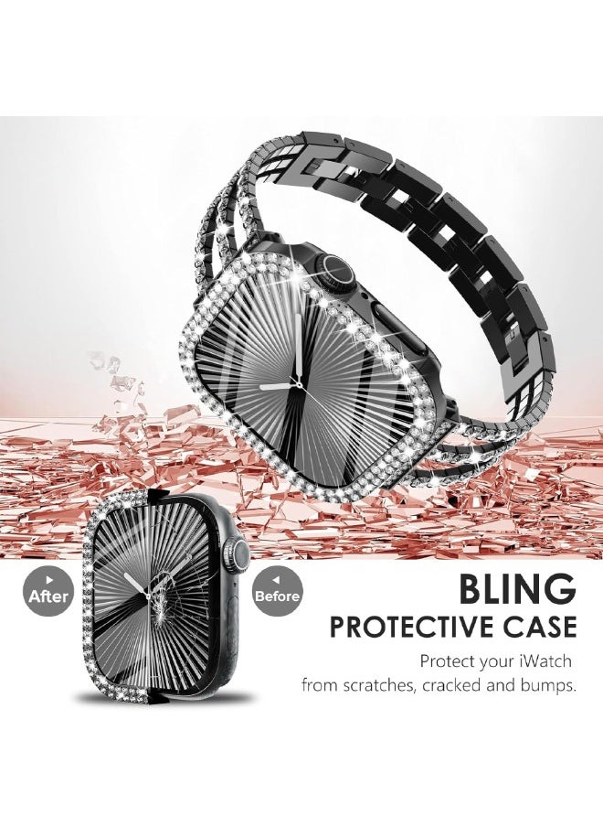 Compatible with Apple Watch Series 10 46mm Bling Case with Screen Protector, Double Row Crystal Diamond Design Hard PC Waterproof Bumper Case for iWatch Series 10 (2024) 46mm, Black