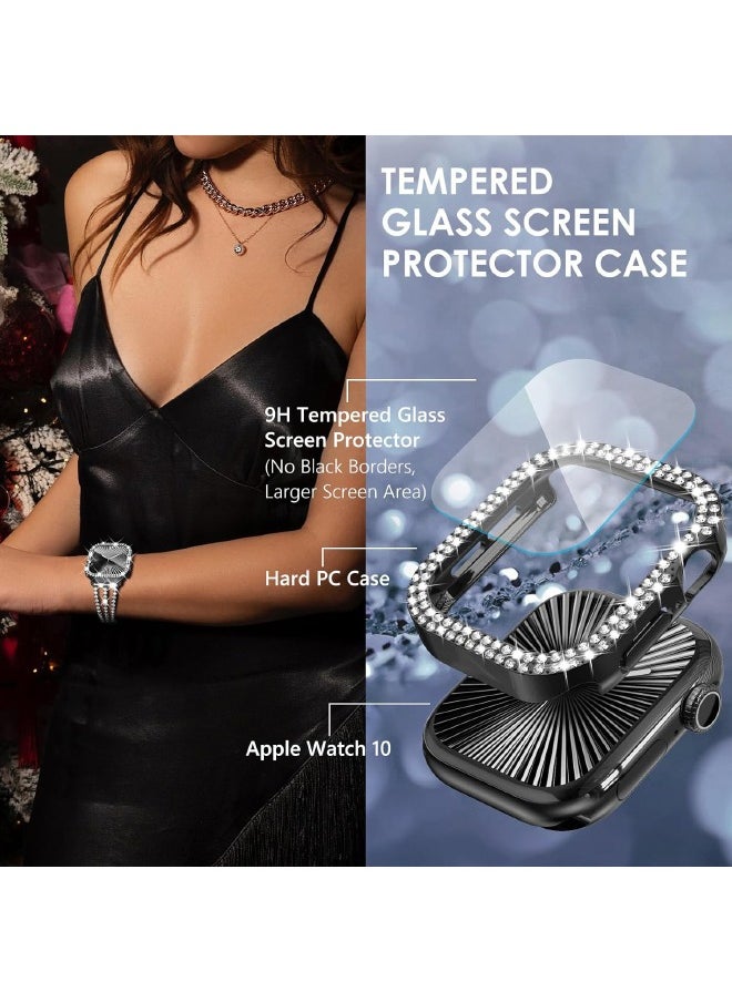 Compatible with Apple Watch Series 10 46mm Bling Case with Screen Protector, Double Row Crystal Diamond Design Hard PC Waterproof Bumper Case for iWatch Series 10 (2024) 46mm, Black