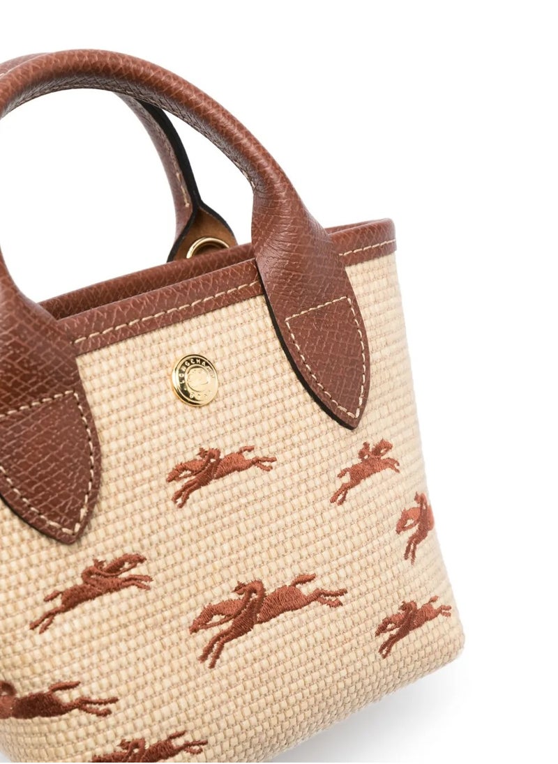 Longchamp Leather Trim Embroidered Raffia Mini Tote w/ Strap